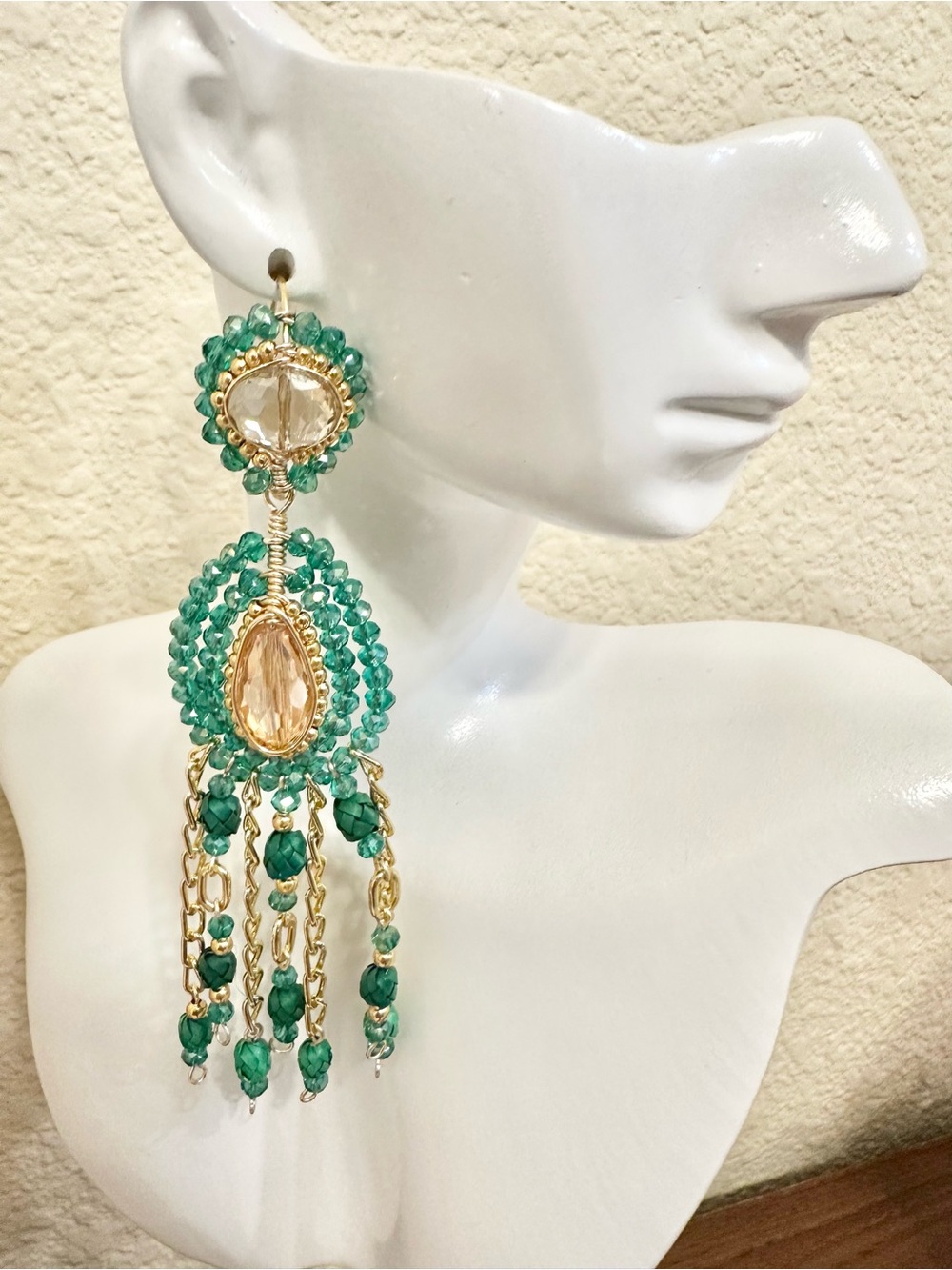 Crystal Champagne & Emerald Green Beaded Drop Earrings